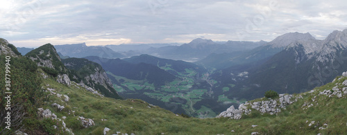 Views from the Schottmalhorn and Reiteralpe towards Watzmann and Hochkalter Peaks in the Berchtesgaden National Park in Bavaria.