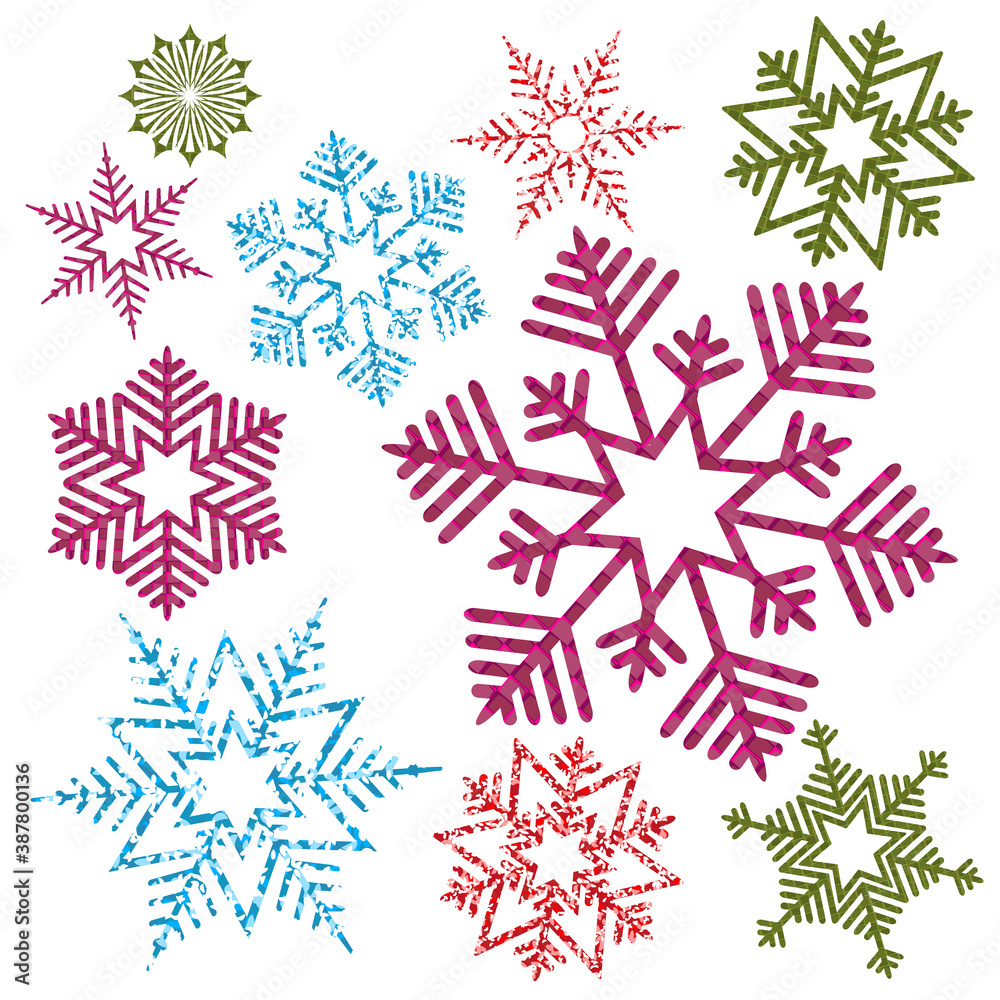 Element for Christmas composition.Silhouette of multicolored textured snowflakes