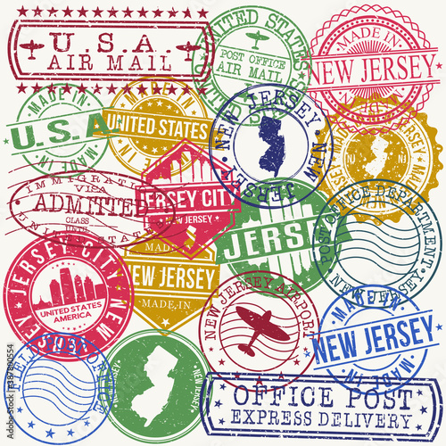 Jersey City Set of Stamps. Travel Stamp. Made In Product. Design Seals Old Style Insignia.