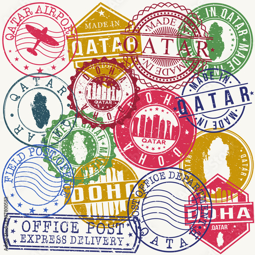Doha Qatar Set of Stamps. Travel Stamp. Made In Product. Design Seals Old Style Insignia.