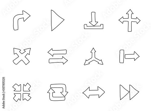 Arrows hand drawn linear vector icons isolated on white background. arrows doodle icon set for web and ui design, mobile apps and print products