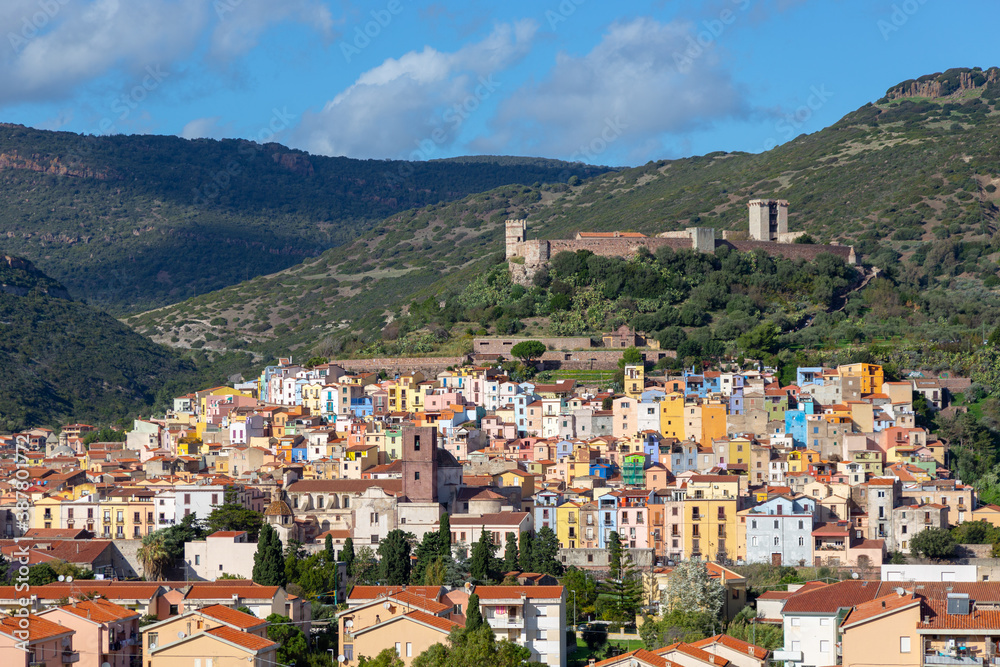 Scenic panorama of Bosa, castle and Colorful houses, Italy