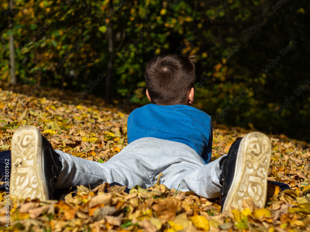 cute boy lying on a blanket in an autumn Park. the yellow foliage. rear view of the soles of the shoes.
