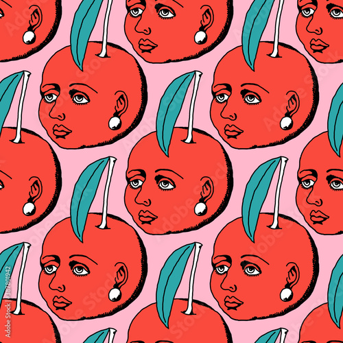 Seamless pattern of exquisite cherries with faces (ID: 387801942)