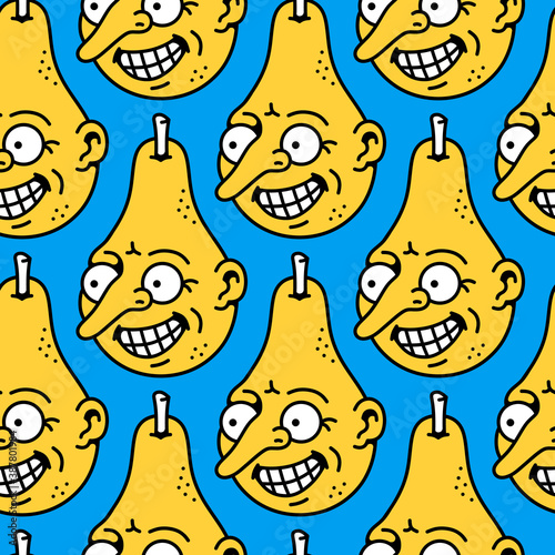 Seamless pattern of funny fruits, yellow pears with faces (ID: 387801984)