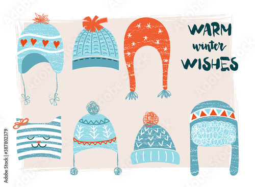 Cute vector set of winter hats in Scandinavian style. Collection of 7 items of outerwear. Lettering Of warm winter wishes. Design elements for a winter greeting card for New year or Christmas. 