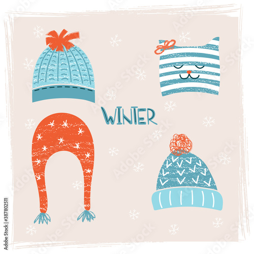 Cute vector set of winter hats in Scandinavian style. Collection of outerwear items. Hand drawing.