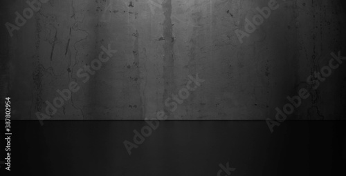 Dark raw steel room interior, grunge texture, black grey wall and floor