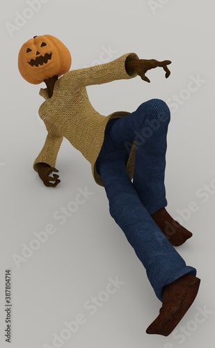 Scarecrow with pumpkin head in a pose