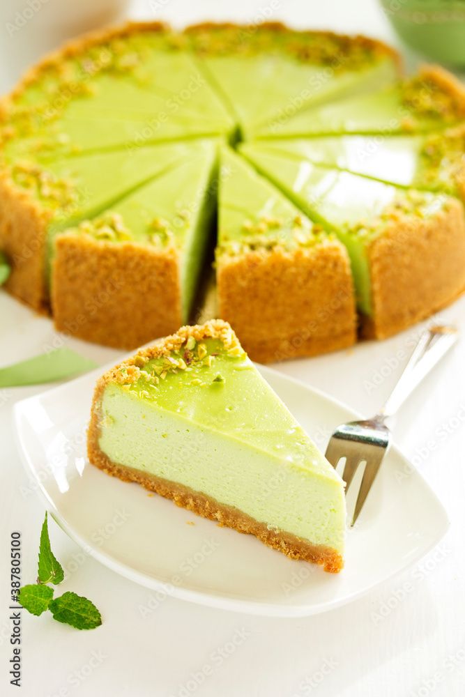 Pistachio Cheesecake. Homemade baking. Selective focus Pistachio Cheesecake. Homemade baking. Selective focus