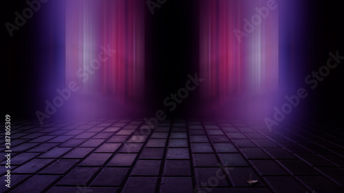 Empty background scene. Dark street reflection on wet asphalt, fog. Rays of neon light in the dark, neon figures, smoke. Background of empty stage show. Abstract dark background.