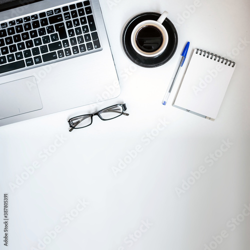 Squared flat lay of marketing startup office, with copy space, banner