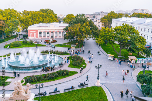 ODESSA, UKRAINE - OCTOBER 11, 2020: Square near the Odessa Opera and Ballet Theater. October day