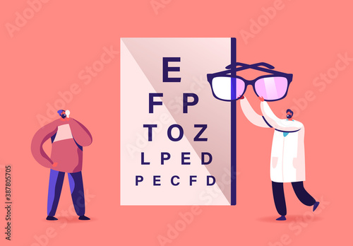 Tiny Male Doctor Character Carry Huge Eyeglasses for Patient front of Chart for Vision Checkup. Eyes Disease Diagnostics
