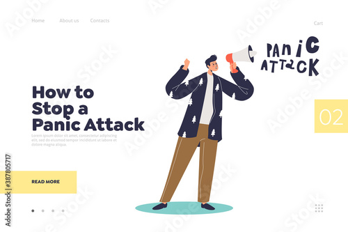 Panic attack remedy landing page concept with anxious man suffering from mental disorder