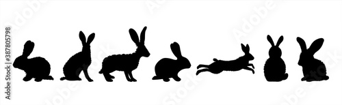 Vector silhouette of collection of rabbit on white background. Symbol of forest animal and hare.