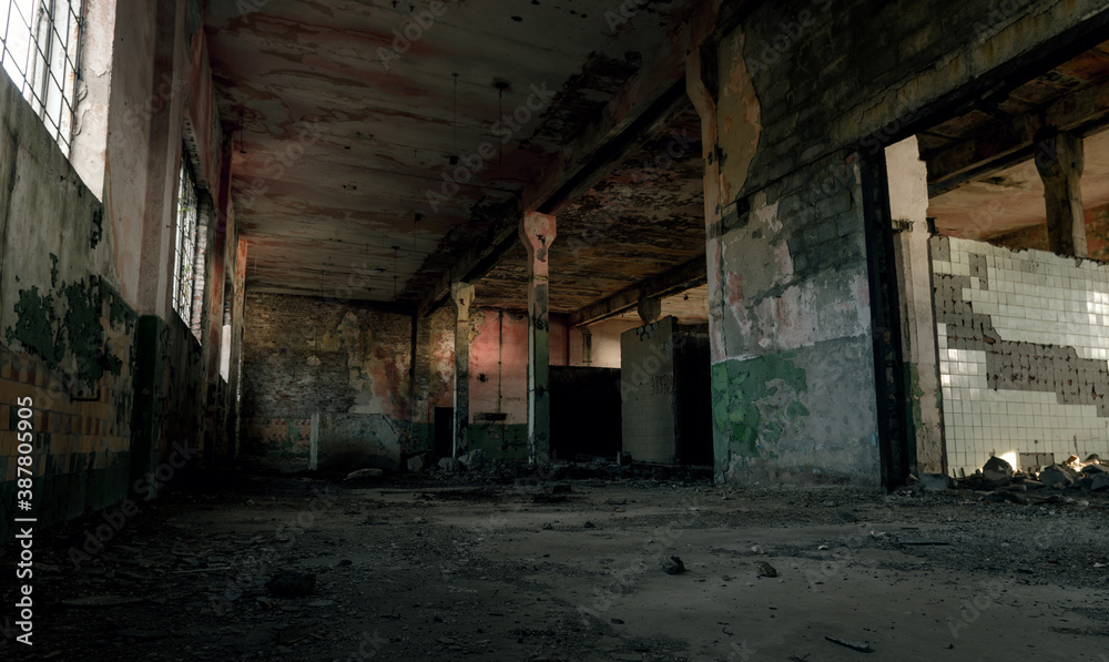 hall of an abandoned factory after the bombing in Ukraine hall of an abandoned factory after the bombing in Ukraine