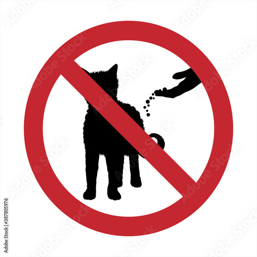 Vector silhouette of do not feeding cat mark on white background. Symbol of prohibition with animal.