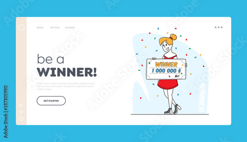 Lucky Woman Rejoice for Get Paycheck Win Landing Page Template. Lottery Winner Female Character Holding Huge Voucher