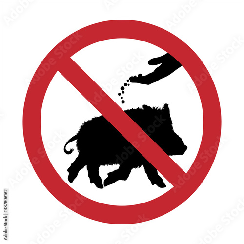 Vector silhouette of do not feeding wild boars mark on white background. Symbol of prohibition with animal.