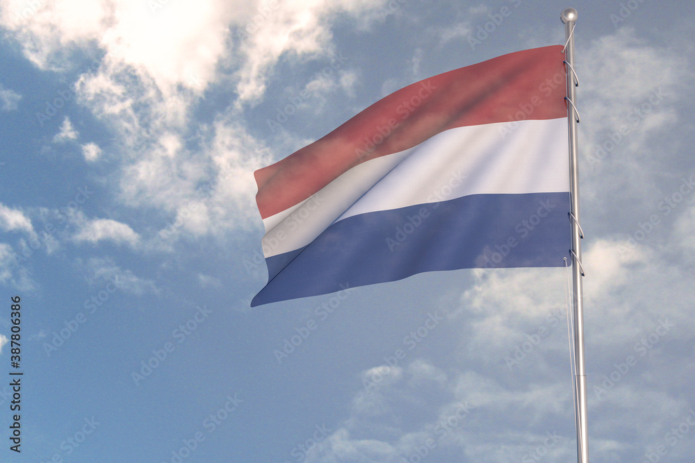 3d rendering of National Flag concept. Flag of Netherlands waving in wind. Blue cloudy sky on background. 