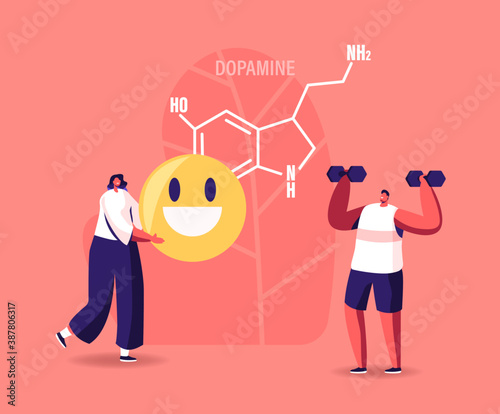 Dopamine Concept. Characters Enjoying Life due to Hormones Production in Organism. Sports Exercising, Smiling, Rejoice