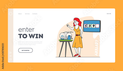 Game of Chance, Tv Show or Fortune Landing Page Template. Female Character Pull Balls from Lottery Drum during Raffle