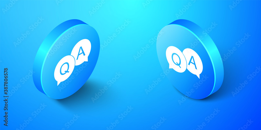 Obraz premium Isometric Question and Answer mark in speech bubble icon isolated on blue background. Q and A symbol. FAQ sign. Copy files, chat speech bubble. Blue circle button. Vector.