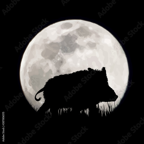 Vector silhouette of wild boar on moon background. Symbol of night and forest animals.