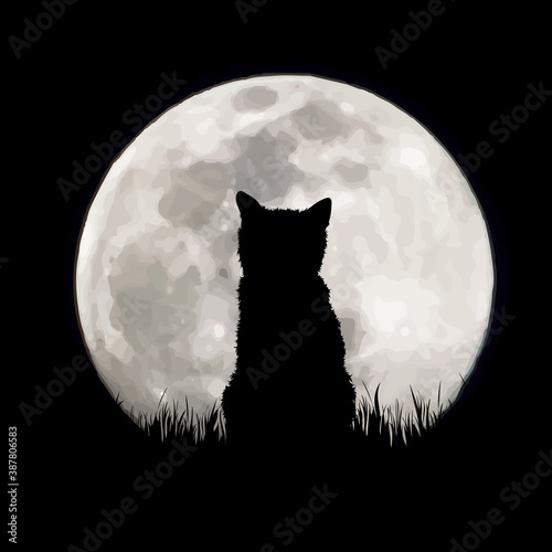 Vector silhouette of cat on moon background. Symbol of night and home animals.