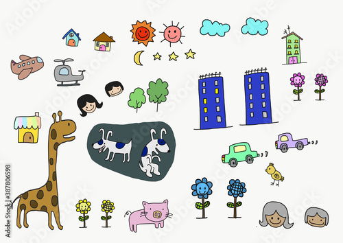 set of houses, building, animal and nature 