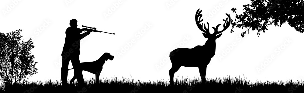 Vector silhouette of hunter with dog hunting deer in forest. Symbol of  animal and nature. Stock Vector