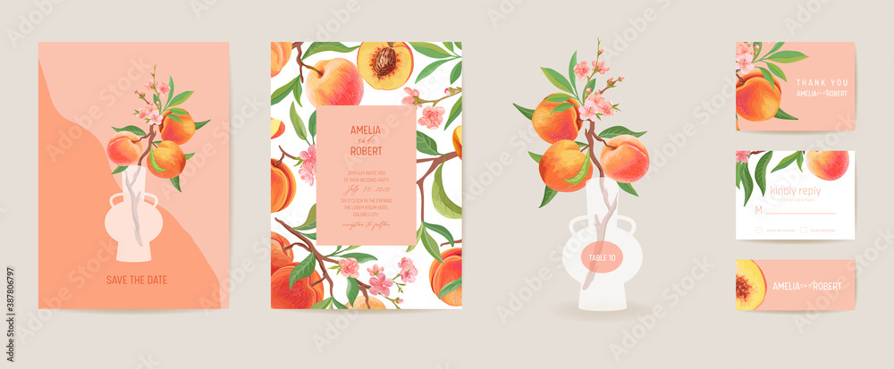 Wedding invitation peach vector card. Vintage botanical Save the Date set. Design template of fruits