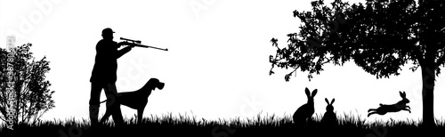 Vector silhouette of hunter with dog hunting hare in forest. Symbol of animal and nature.