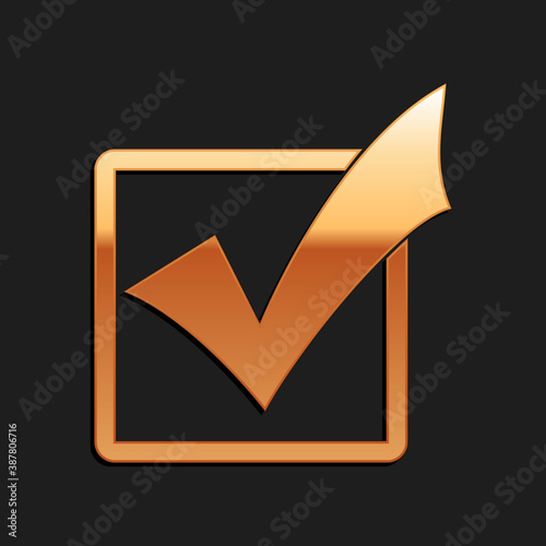 Gold Check mark in a box icon isolated on black background. Tick symbol. Check list button sign. Long shadow style. Vector.