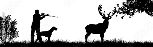 Vector silhouette of hunter with dog hunting deer in forest. Symbol of animal and nature.