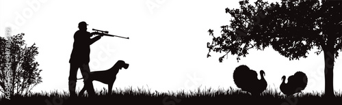 Vector silhouette of hunter with dog hunting turkey in forest. Symbol of animal and nature.