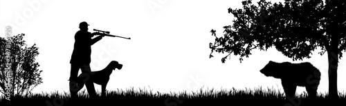 Vector silhouette of hunter with dog hunting bear in forest. Symbol of animal and nature.
