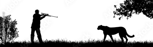 Vector silhouette of poacher hunting cheetah in wild nature. Symbol of animal and Africa.