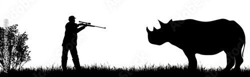 Vector silhouette of poacher hunting rhinoceros in wild nature. Symbol of animal and Africa.