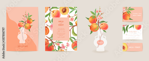 Wedding invitation peach vector card. Vintage botanical Save the Date set. Design template of fruits