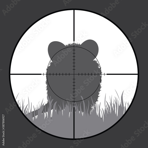Vector silhouette of rodent in rifle sight while hunting. The hunter watches his victim.