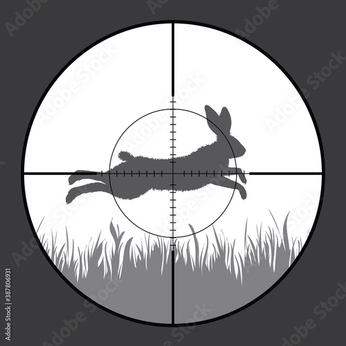 Vector silhouette of jumping hare in rifle sight while hunting. The hunter watches his victim.