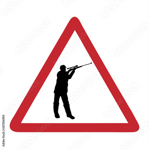 Vector silhouette of attention mark with hunter on white background. Symbol of danger.