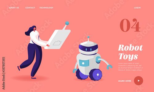 Human and Robot Landing Page Template. Tiny Female Character Carry Huge Remote Control to Make Robot Moving. Cyborg