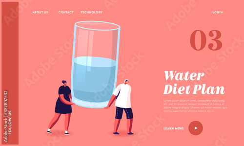 Aqua Refreshment, Wellbeing Landing Page Template. Tiny Characters Carry Huge Glass with Fresh Water. Healthy Lifestyle