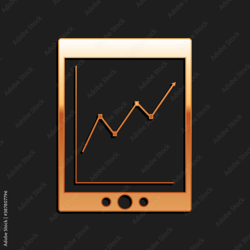 Gold Tablet with statistic graph chart icon isolated on black background. Financial chart and graph sign. Long shadow style. Vector.