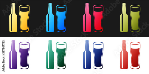 Set Beer bottle and glass icon isolated on black and white background. Alcohol Drink symbol. Vector.