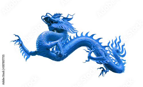Chinese golden blue dragon isolated on white with clipping path