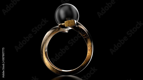 Ladies Luxury Engagement Ring with Tahitian Black Pearl and round diamond. Isolated on black background. 3D rendering